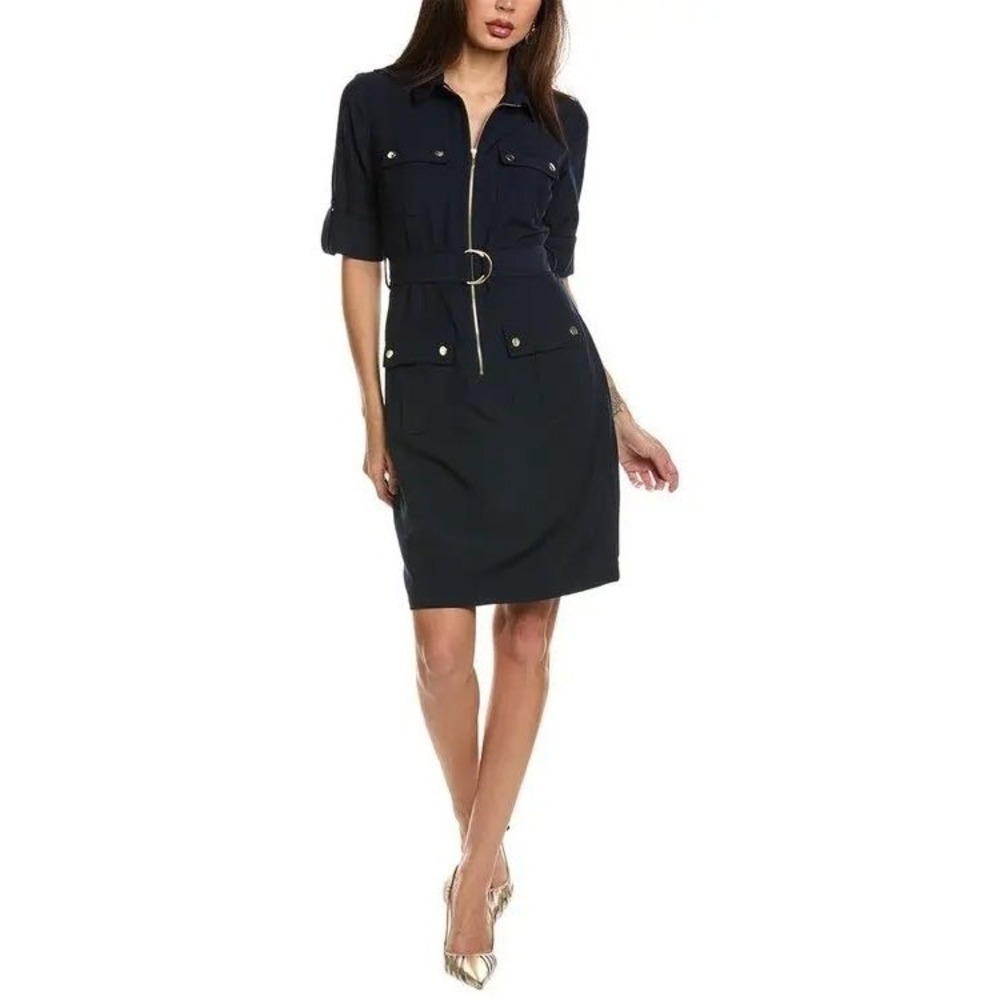 Sharagano Deep Navy Zip Front Belted‎ Safari Shirt Dress Size 6 NEW